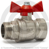 Кран латунный Ду-20 (3/4") Ру-40 ВР-НР (ВН-НАР) никель бабочка VALFEX 11Б27фт1М