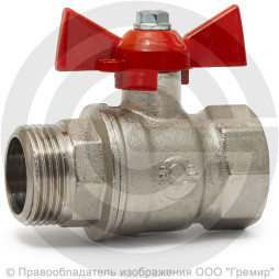 Кран латунный Ду-25 (1") Ру-40 ВР-НР (ВН-НАР) никель бабочка VALFEX 11Б27фт1М